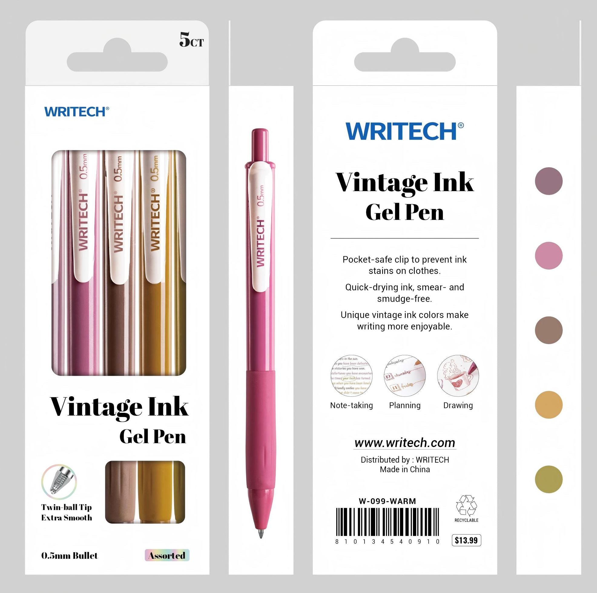 Vintage Warm Gel Pen S/5 - Assorted Ink