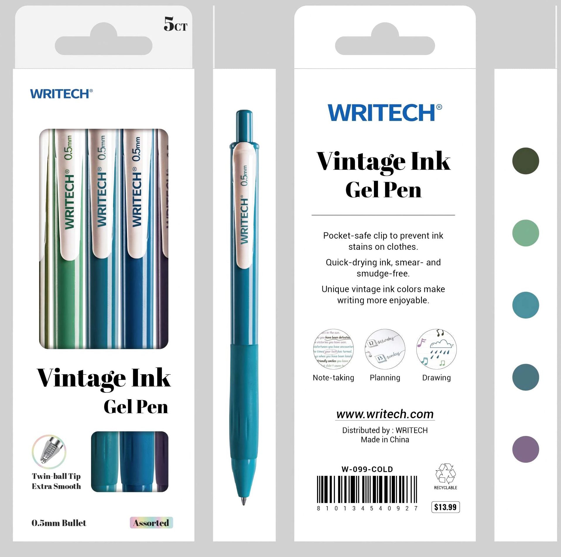 Vintage Cool Gel Pen S/5 - Assorted Ink