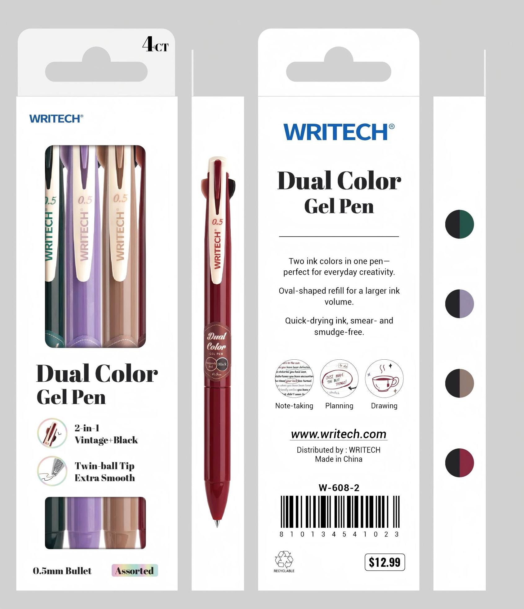 Vintage Solid Dual Color Gel Pen S/4 - Assorted Ink
