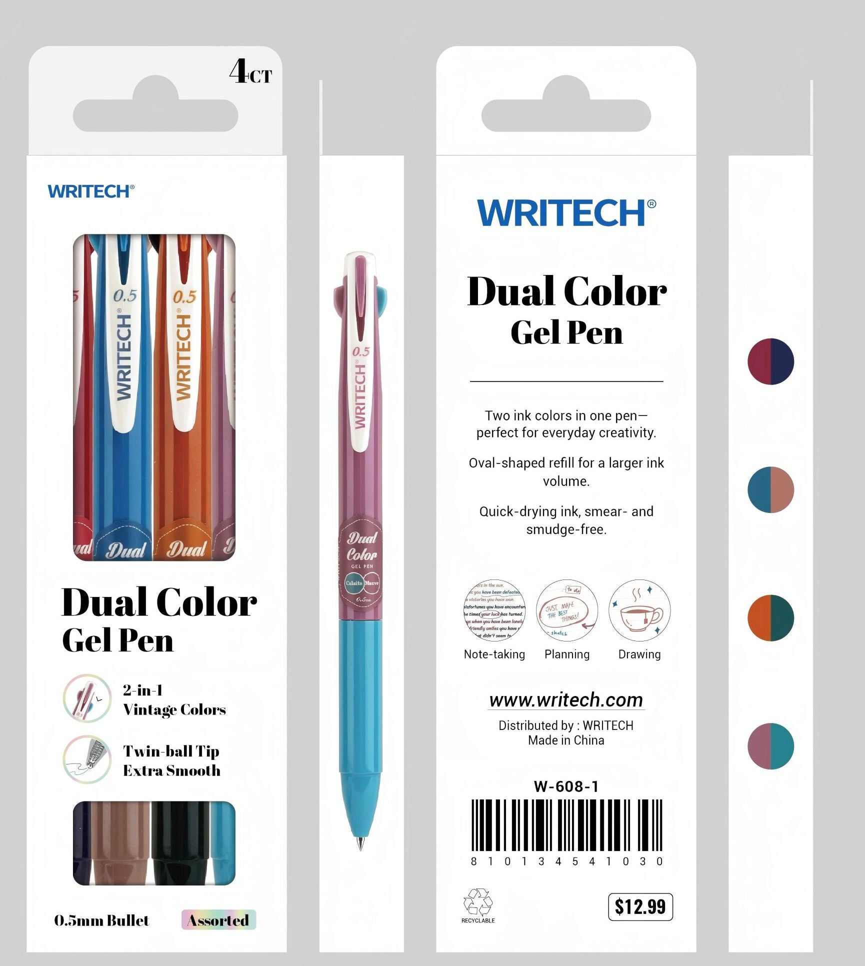 Vintage Colorblock Dual Color Gel Pen S/4 - Assorted Ink