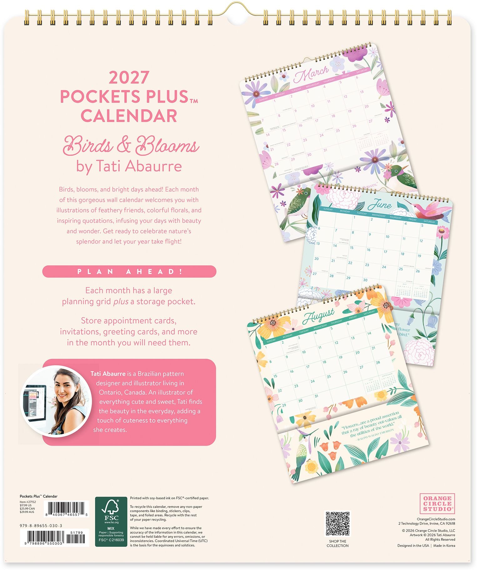 2027 Birds & Blooms Pockets Plus Wall Calendar