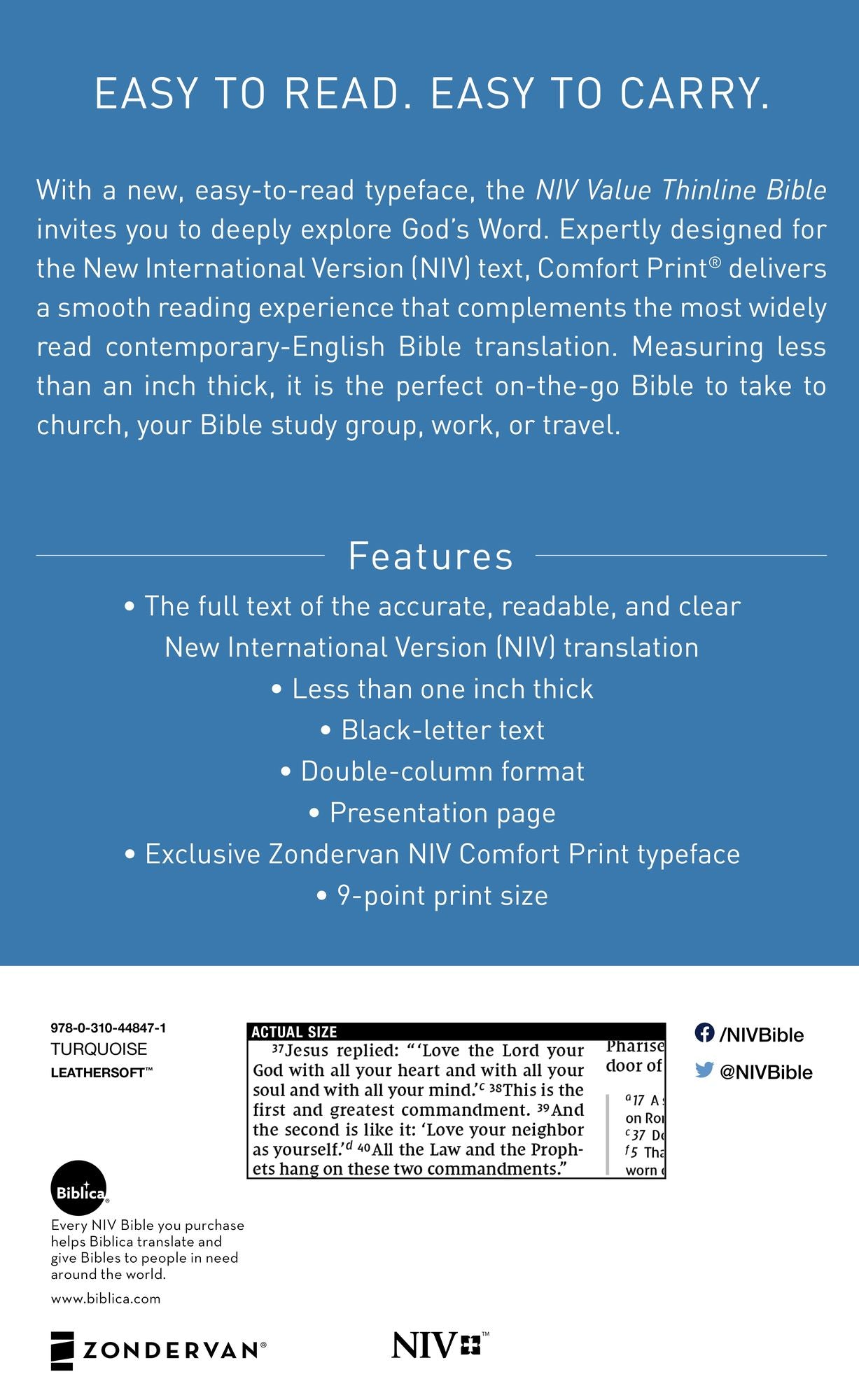 NIV, Value Thinline Bible, Leathersoft, Teal, Comfort Print