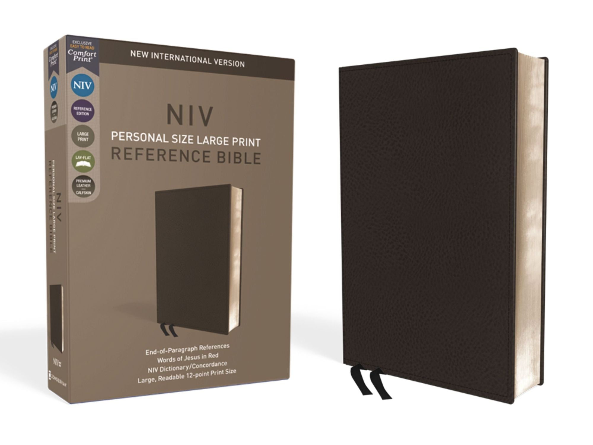 NIV, Personal Size Reference Bible, Large Print, Premium Leather, Calfskin, Black, Red Letter, Comfort Print