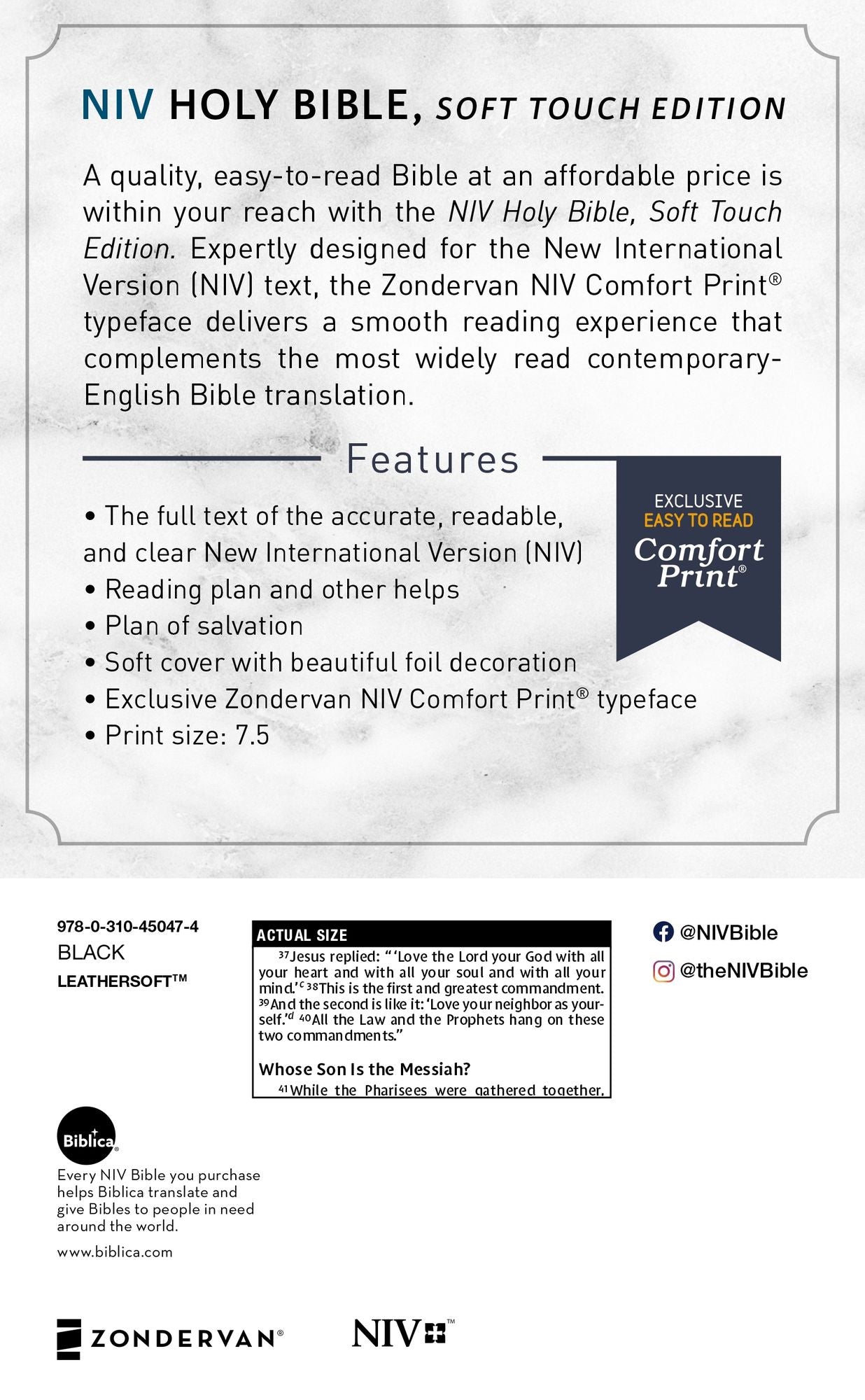 NIV, Holy Bible, Soft Touch Edition, Leathersoft, Black, Comfort Print