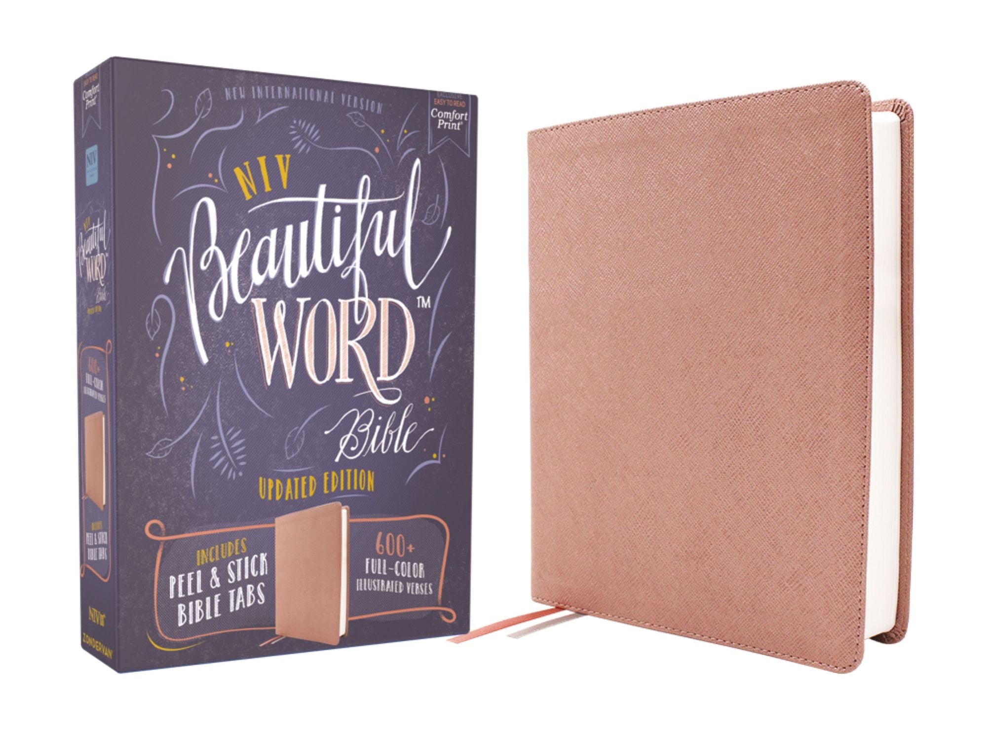 NIV, Beautiful Word Bible, Updated Edition, Peel/Stick Bible Tabs, Leathersoft, Pink, Red Letter, Comfort Print: 600+ Full-Color Illustrated Verses