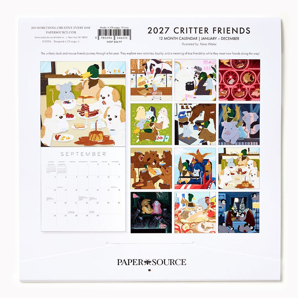 2027 Paper Source Critter Friends Wall Calendar