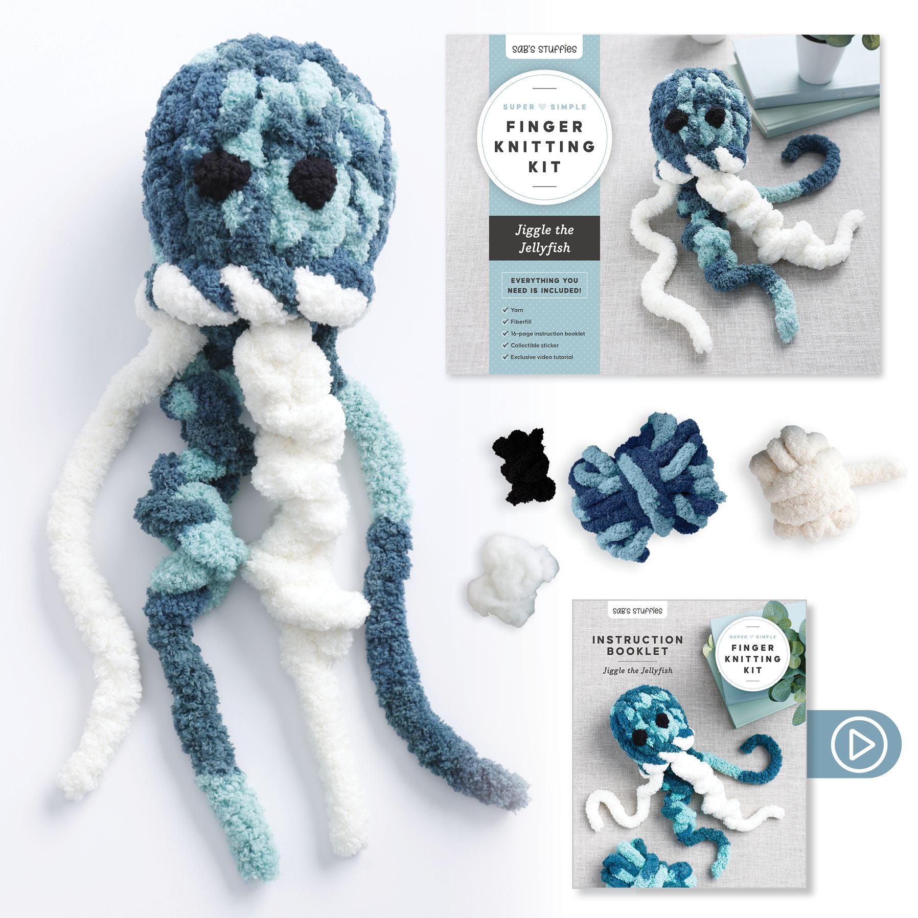 Super Simple Finger Knitting Kit Jiggle the Jellyfish: Everything You Need Is Included: Chunky Yarn, Fiberfill, Instruction Booklet, Exclusive Step-by-Step Video, and Collectible Sticker; Beginner Friendly!