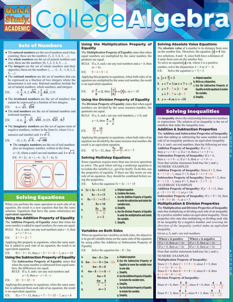 College Algebra: QuickStudy Laminated Reference Guide