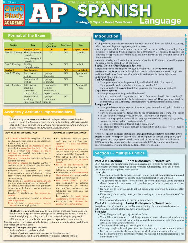 Ap Spanish: QuickStudy Laminated Reference Guide