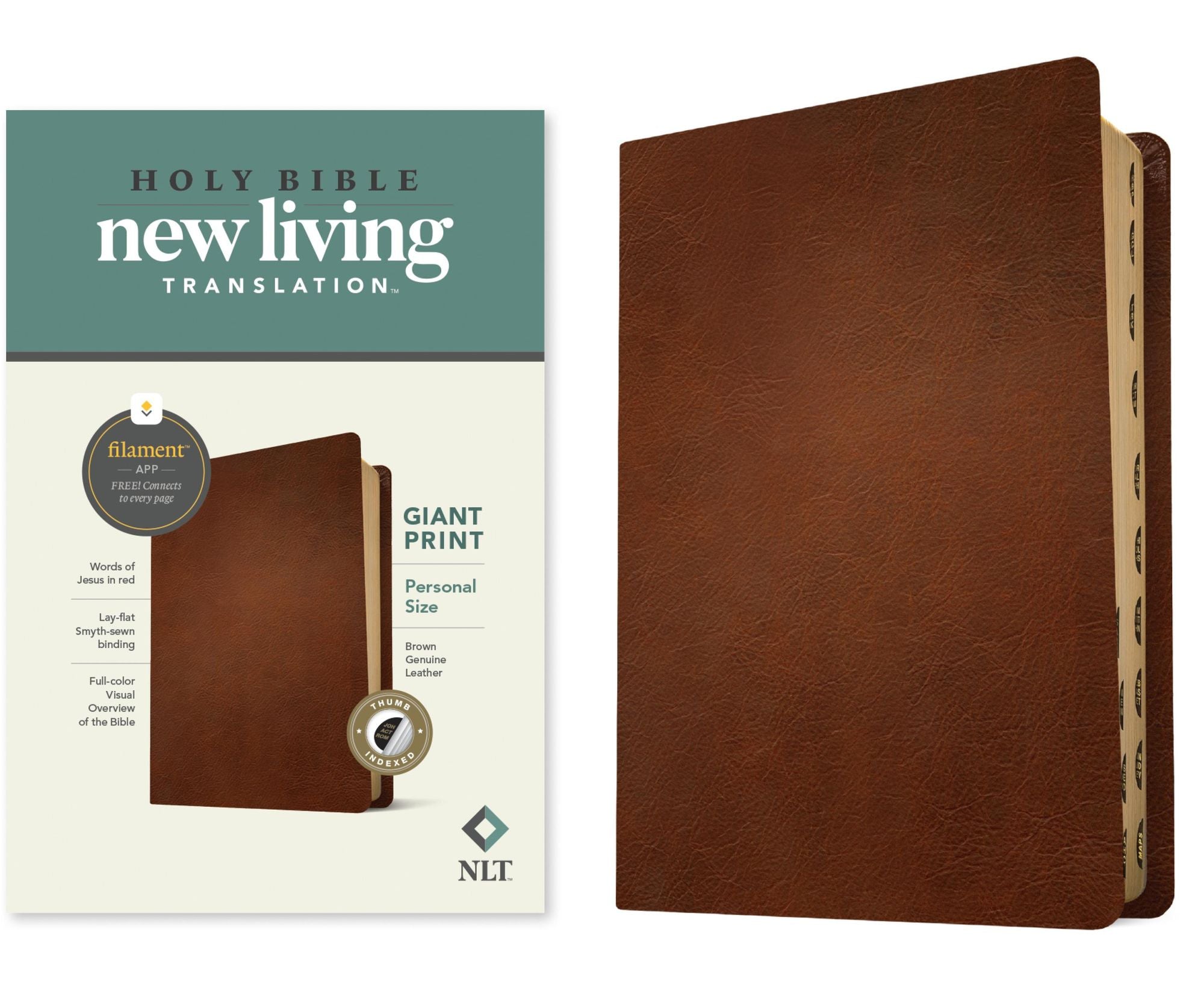 NLT Personal Size Giant Print Bible, Filament Enabled (Genuine Leather, Brown, Indexed, Red Letter)