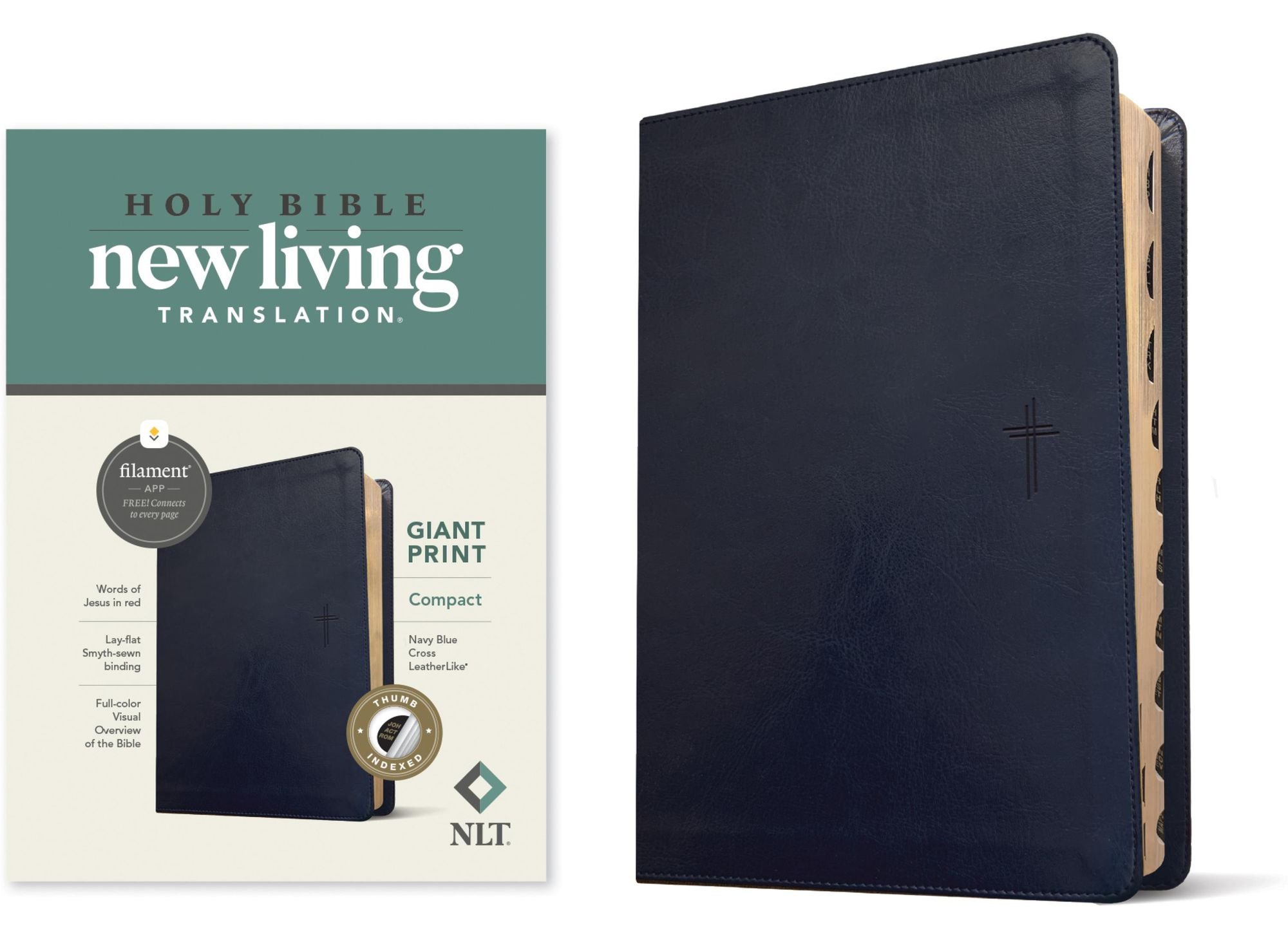 NLT Compact Giant Print Bible, Filament Enabled (LeatherLike, Navy Blue Cross, Indexed, Red Letter)