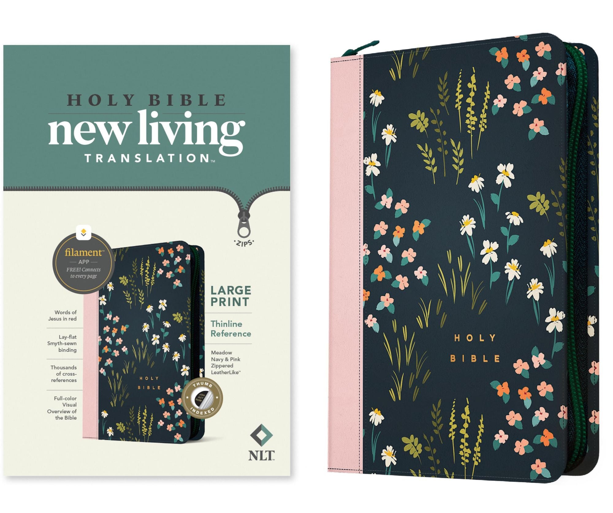 NLT Large Print Thinline Reference Zipper Bible, Filament Enabled (LeatherLike, Meadow Navy & Pink , Indexed, Red Letter)