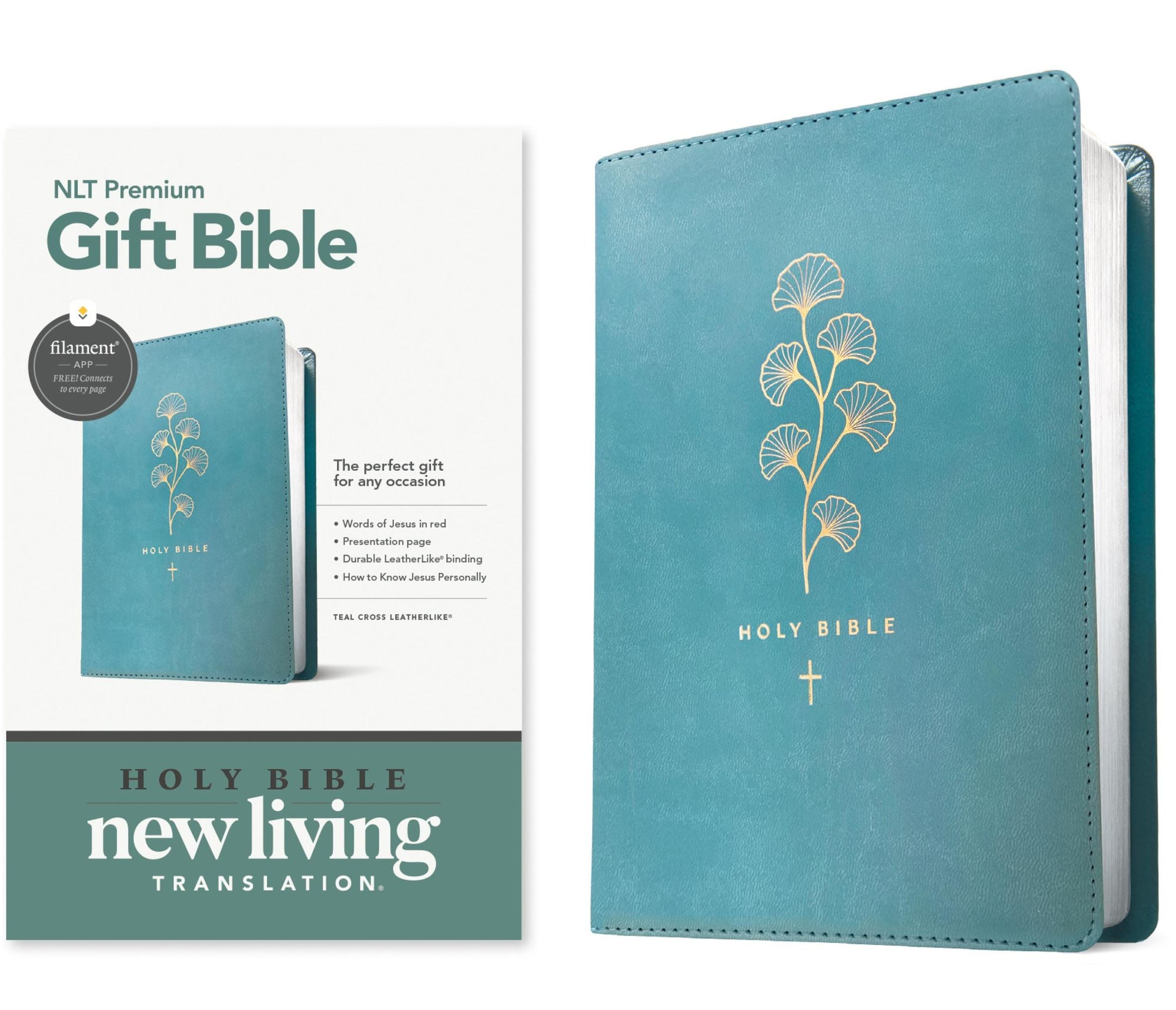 Premium Gift Bible NLT, Filament Enabled (LeatherLike, Teal Cross, Red Letter)