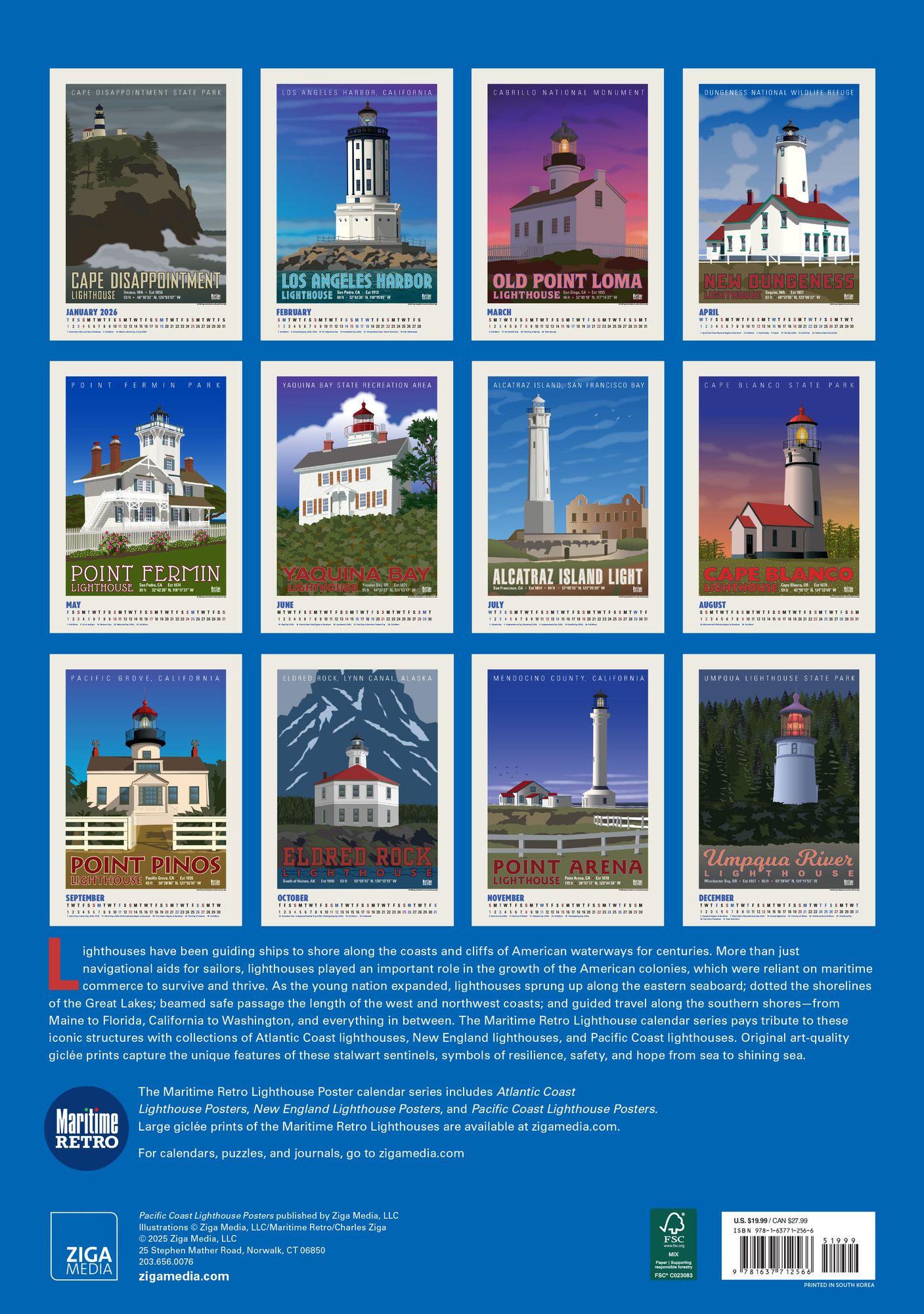 2026 Pacific Coast Lighthouse Posters Large Wall, 13.4" x 19"