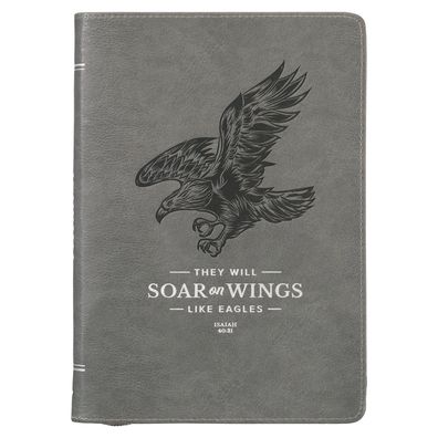 Christian Art Gifts Scripture Journal Gray Wings Like Eagles Isaiah 40:31 Bible Verse Inspirational Faux Leather Notebook, Zipper Closure, 336 Ruled Pages, Ribbon