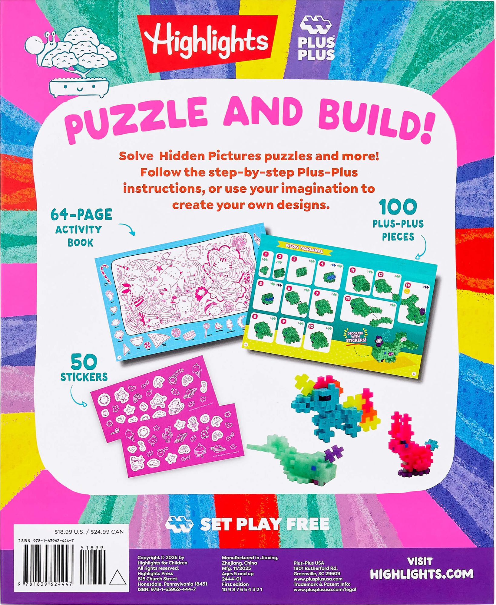 Neon Super Cute Puzzle and Play: Plus-Plus Building Blocks and Hidden Pictures Puzzle Sticker Book Set for Kids 5-9, Create and Personalize with Cute Stickers, Bright Puzzles and Neon Blocks