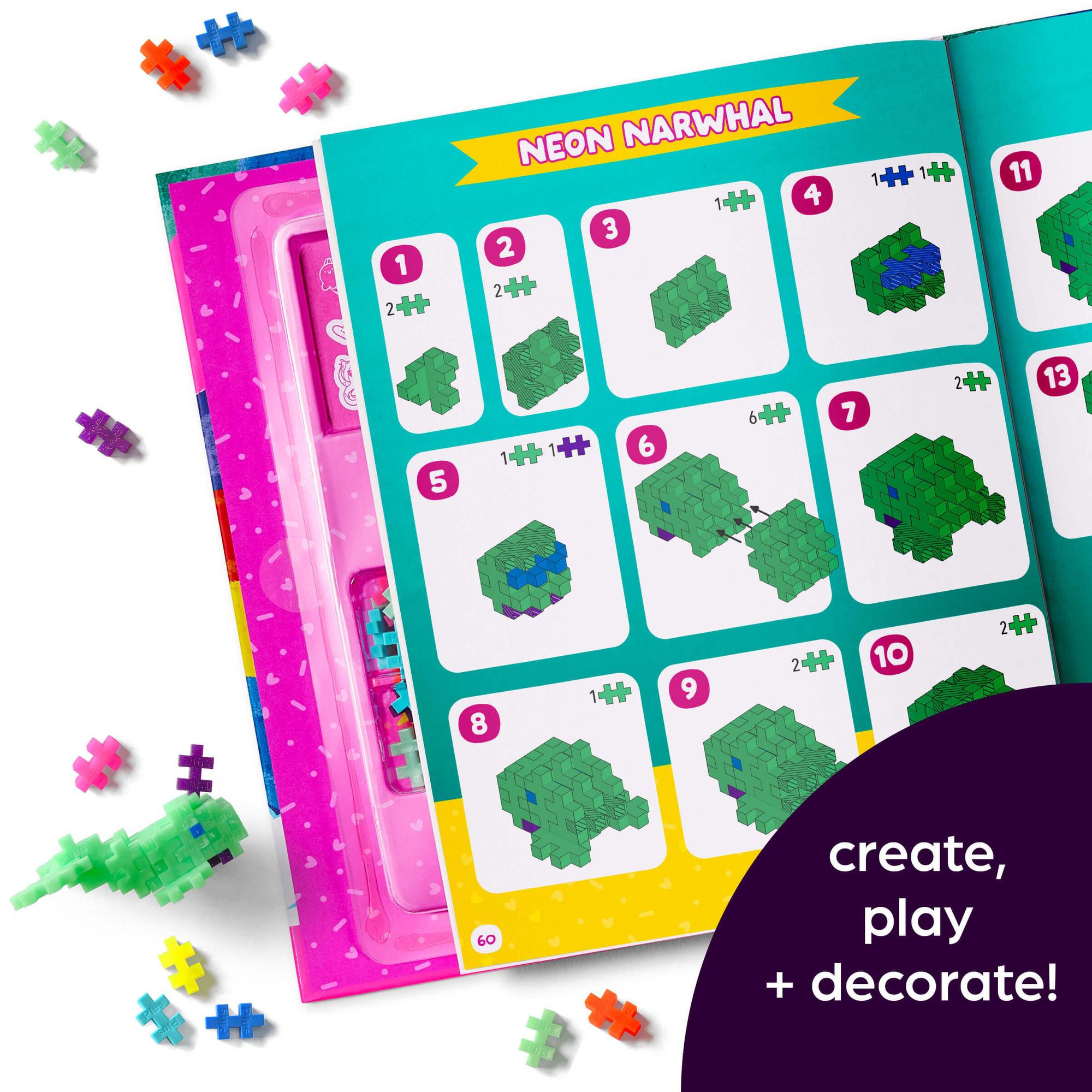 Neon Super Cute Puzzle and Play: Plus-Plus Building Blocks and Hidden Pictures Puzzle Sticker Book Set for Kids 5-9, Create and Personalize with Cute Stickers, Bright Puzzles and Neon Blocks