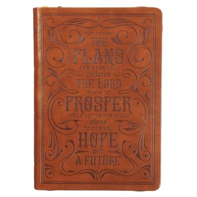 Classic Faux Leather Journal for I Know the Plans Jeremiah 29:11 Bible Verse Bible Verse Brown Inspirational Notebook, Lined Pages W/Scripture, Ribbon Marker, Zipper Closure