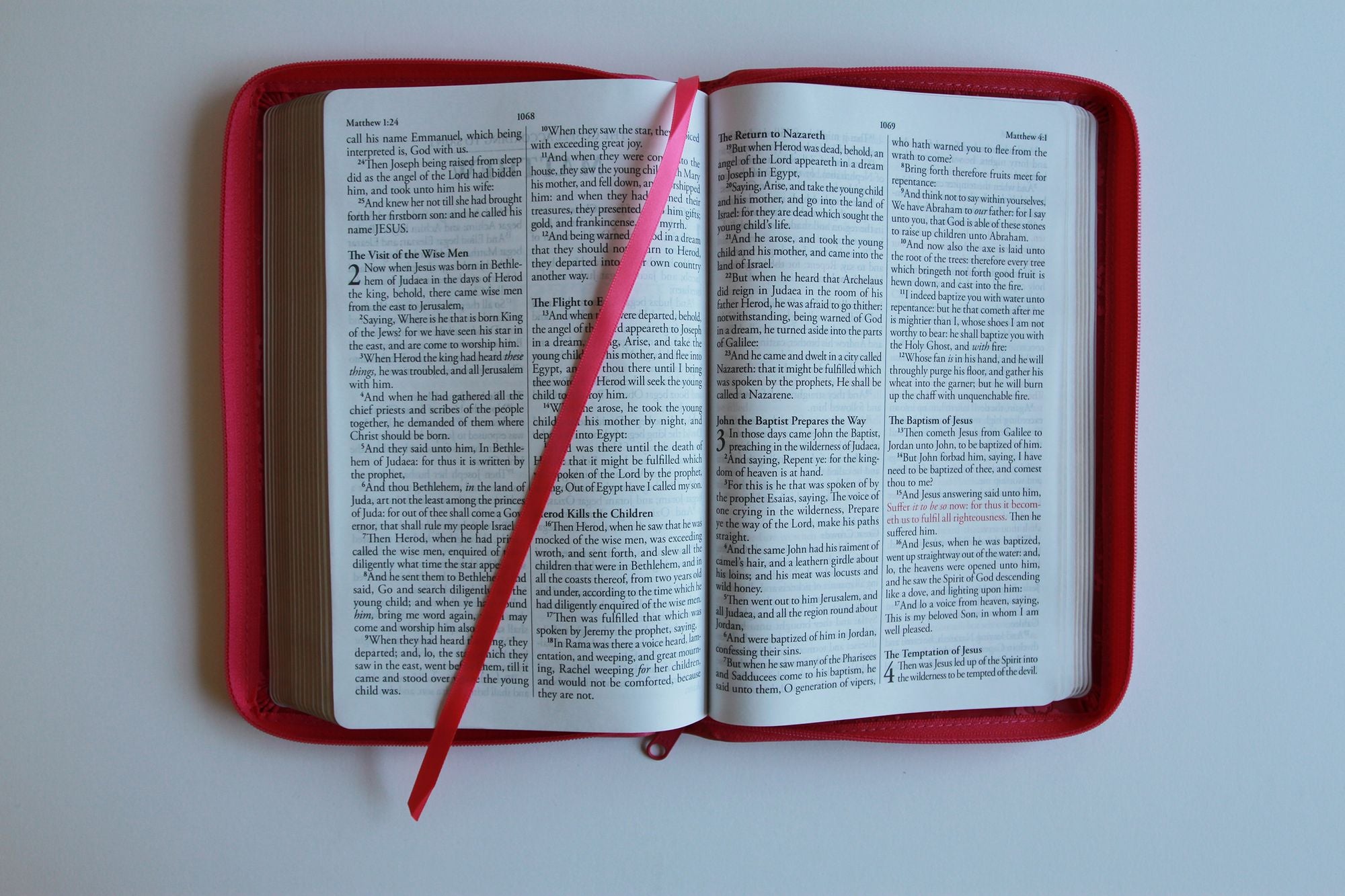 KJV Holy Bible, Large Print Handy Size, Fuchsia Premium Imitation Leather w/Ribbon Marker, Red Letter, Zipper