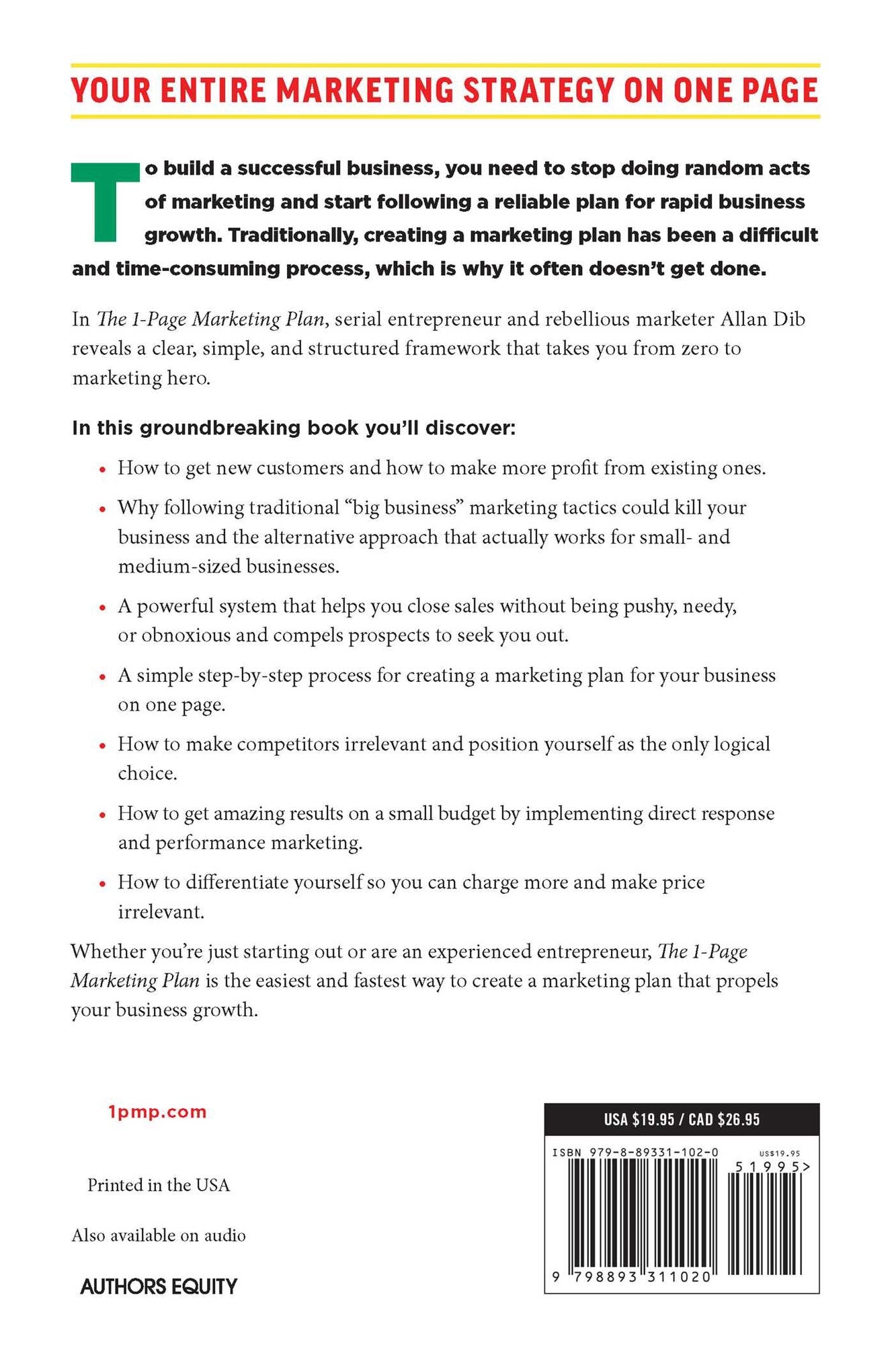 The 1-Page Marketing Plan: Get New Customers, Make More Money, And Stand out From The Crowd