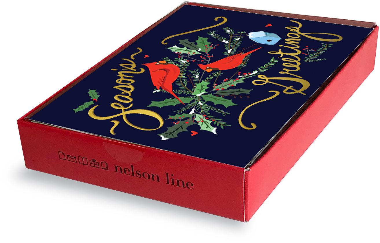Boxed Holiday Card - Cardinals with Holly