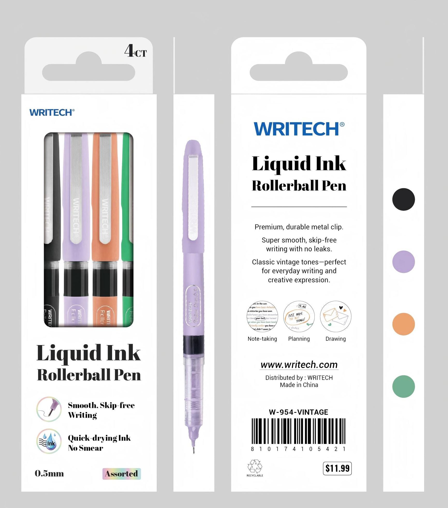 Vintage Liquid Rollerball Pen S/4 - Assorted Ink