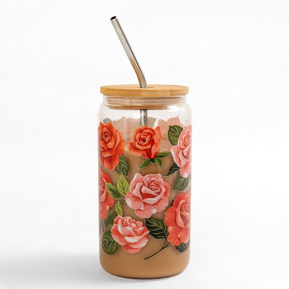 Roses Glass with Straw
