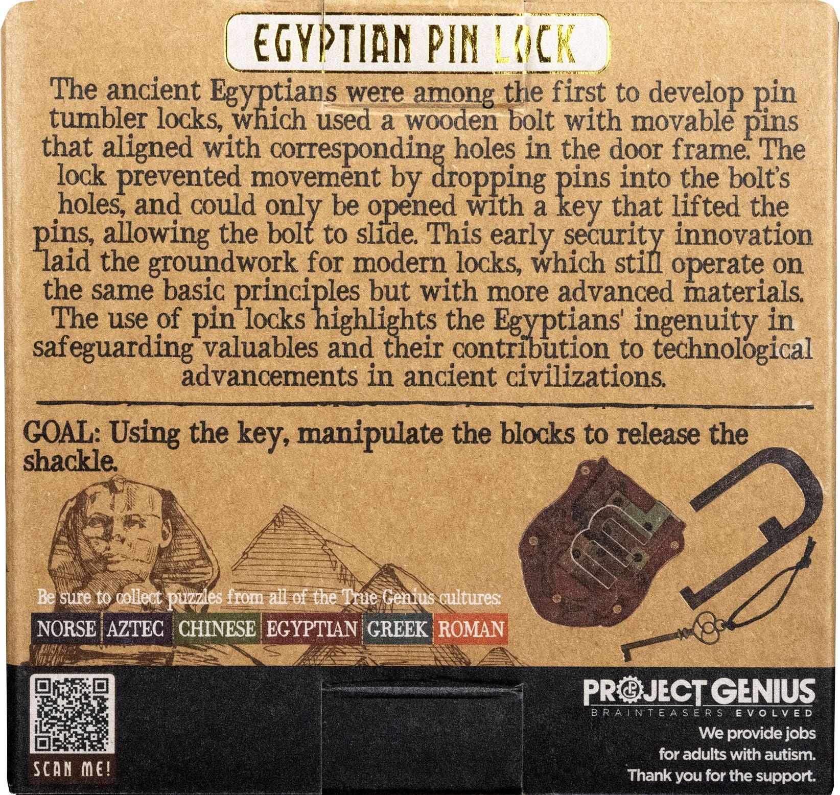 True Genius Metal - Lock & Key Egyptian Pin Lock Brainteaser Puzzle