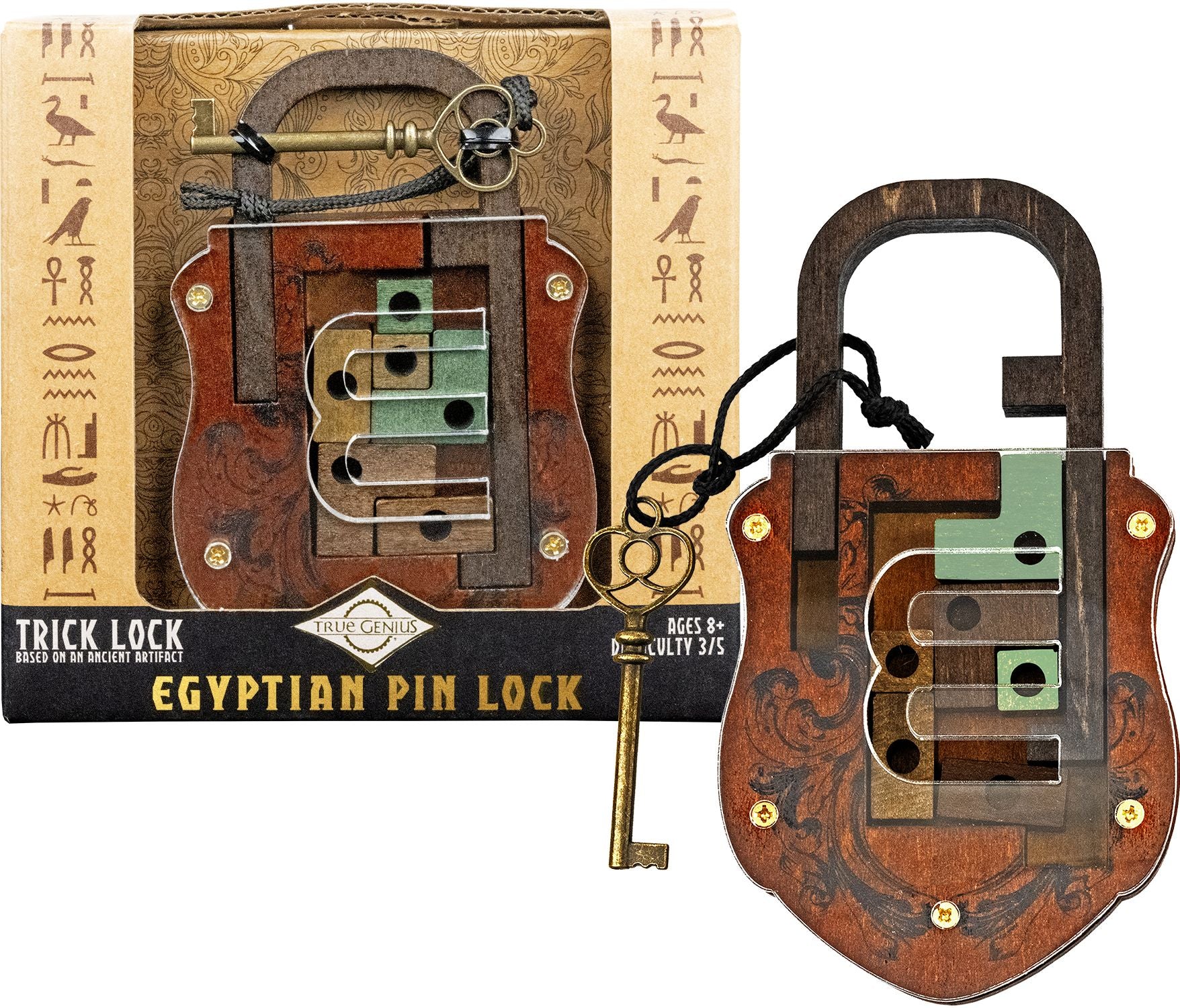 True Genius Metal - Lock & Key Egyptian Pin Lock Brainteaser Puzzle