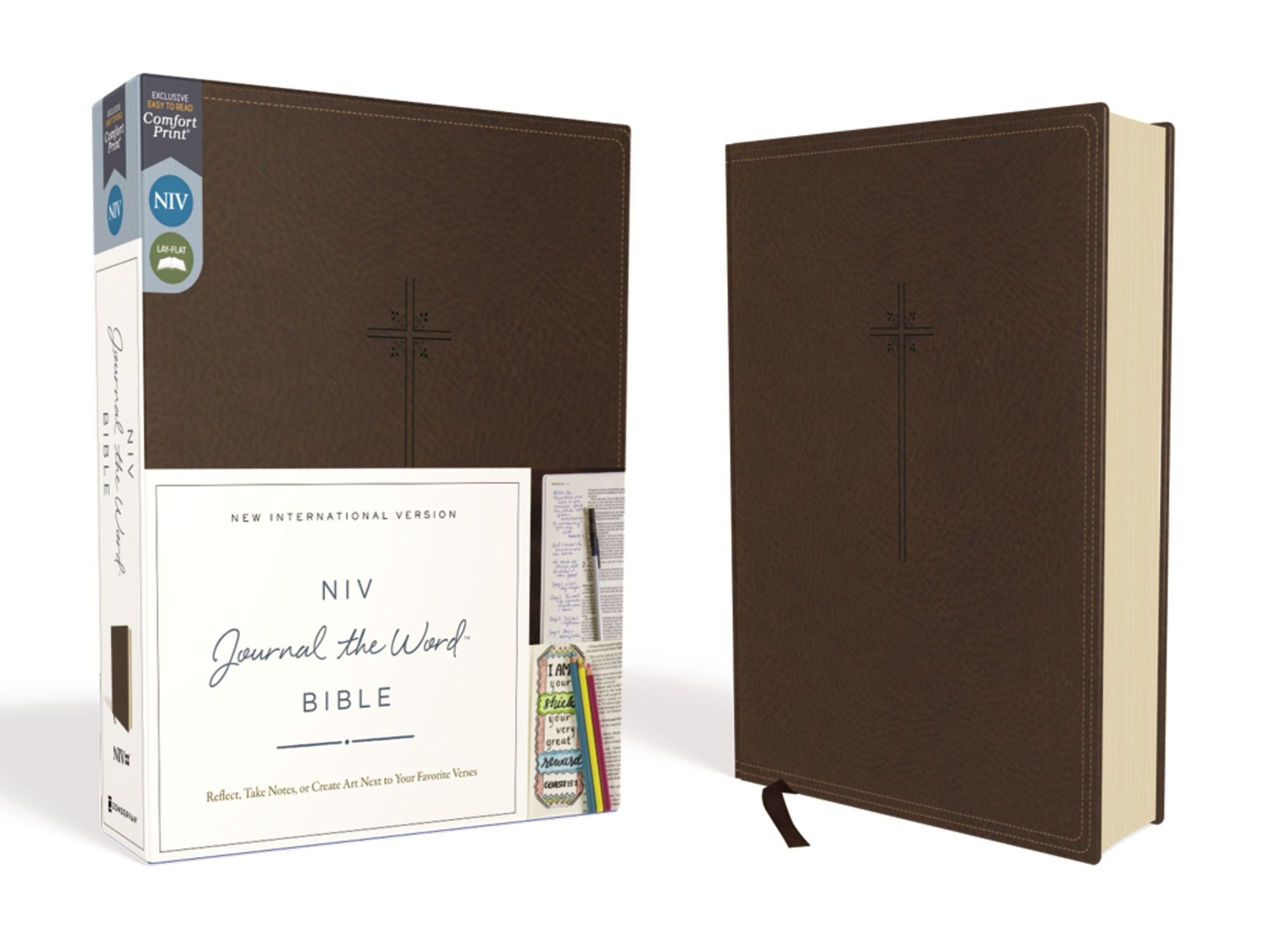 NIV, Journal the Word Bible (Perfect for Note-Taking), Leathersoft, Brown, Red Letter, Comfort Print: Reflect, Take Notes, or Create Art Next to Your Favorite Verses