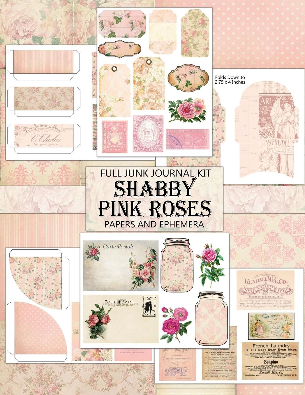 Vintage Shabby Pink Roses: Junk Journal Kit