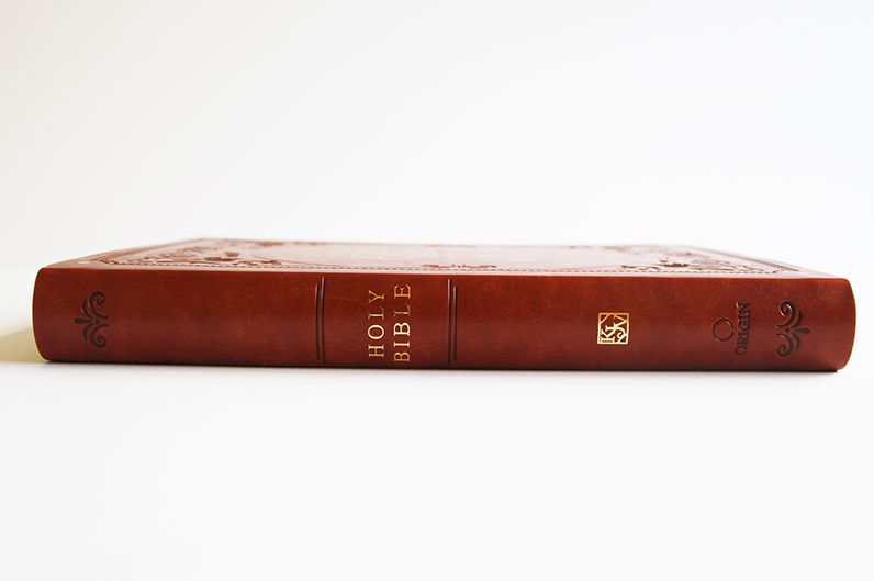 KJV Holy Bible, Giant Print Thinline Large format, Brown Premium Imitation Leather with Ribbon Marker, Red Letter, and Thumb Index