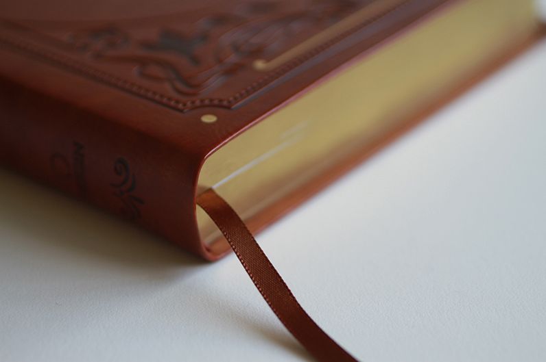 KJV Holy Bible, Giant Print Thinline Large format, Brown Premium Imitation Leather with Ribbon Marker, Red Letter, and Thumb Index