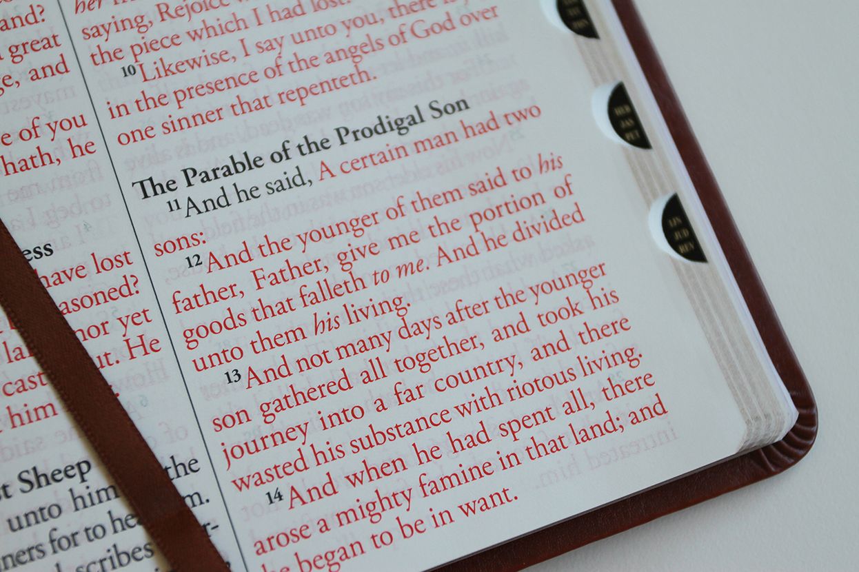 KJV Holy Bible, Giant Print Thinline Large format, Brown Premium Imitation Leather with Ribbon Marker, Red Letter, and Thumb Index